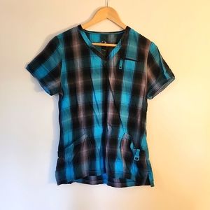 Health Pro Blue Black Plaid Scrub Top Chest Zipper ID Tag Clasp